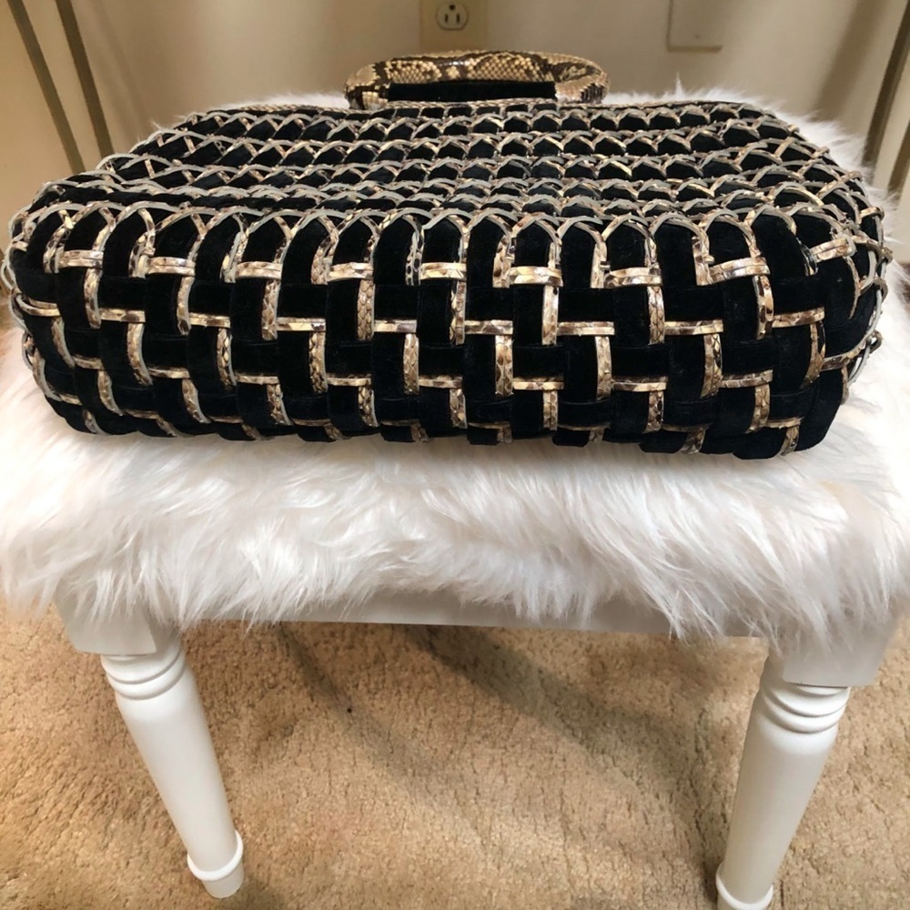 LUXURY PYTHON SNAKESKIN NANCY GONZALES BASKETWEAVE VELVET CLASSIC PURSE TOTE BAG - Picture 6 of 14